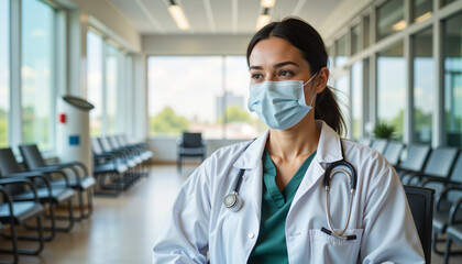 Young healthcare professional in a mask waiting in a modern hospital, patient care
