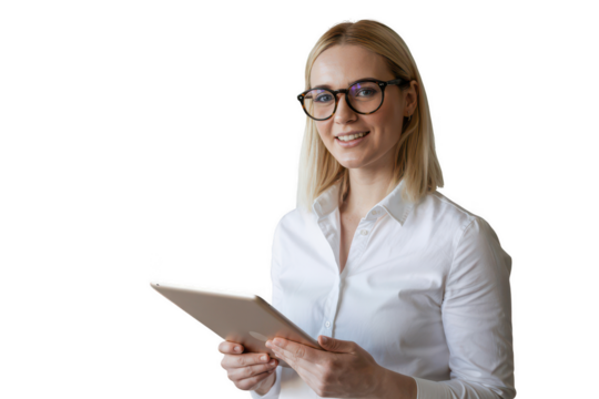 Smiling woman in glasses holding a tablet, isolated on transparent background