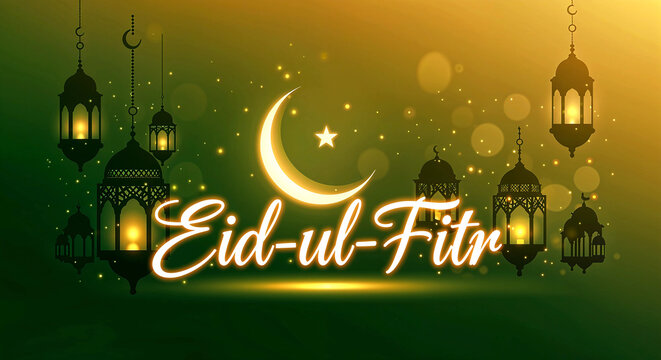 Edi-ul-Fitr: A Glowing Celebration Featuring Crescent Moon, Star, Lanterns, and Festive Green-Yellow Background Honoring the End of Ramadan