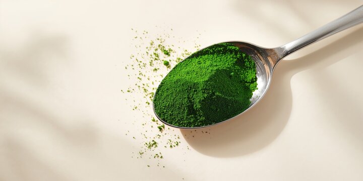 Green chlorella algae powder on a metal spoon, emphasizing dietary supplement safety and processing techniques