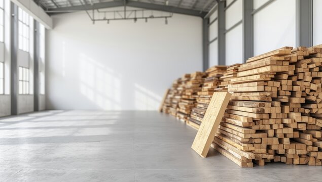 Storage facility with timber for construction and maintenance, emphasizing organization and safety practices