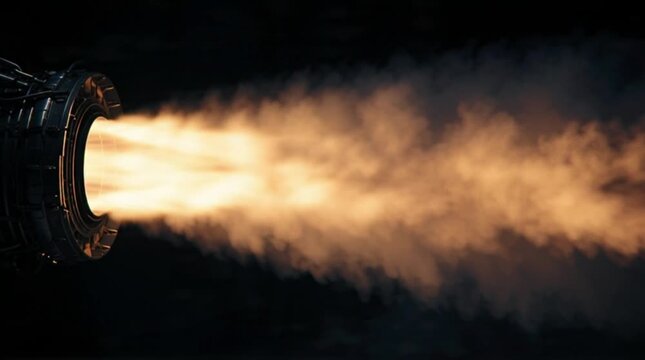 Powerful jet engine exhaust flame and smoke on a dark background, showcasing propulsion and energy.