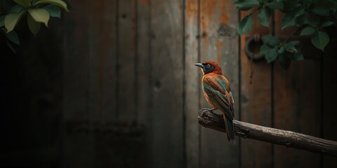 A bird perched in an ancient Chinese village with wooden walls and vintage textures, emphasizing traditional architecture and nature