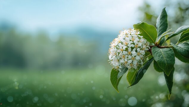 Blooming branch of Sorbus aucuparia tree in mid May, emphasizing seasonal flowering stages