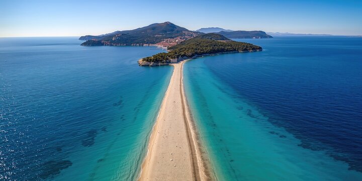 Zlatni rat beach in Bol on Island Brac with clear water and pebble shoreline, summer holiday