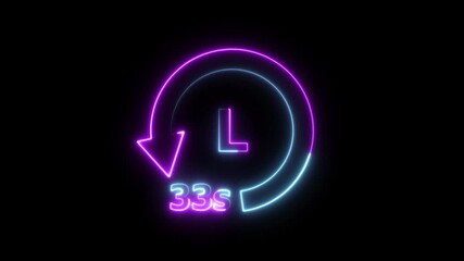 33 Seconds countdown Timer with neon line refreshing arrow , Countdown from 33 seconds to 0 second. 33 minutes stopwatch icon. Stopwatch icon in flat style.