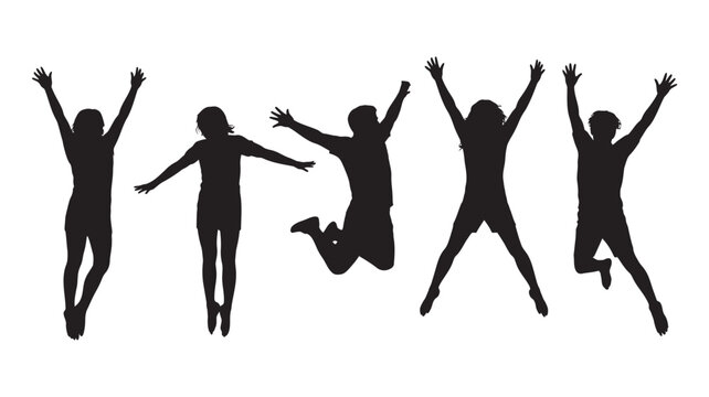 Diverse group of people in dynamic silhouette poses jumping with arms raised, symbolizing joy, success, freedom, and energetic celebration vector art.