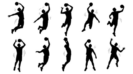 Dynamic collection of basketball player silhouettes showcasing various energetic movements of jumping, shooting, and dunking action for sports design projects.