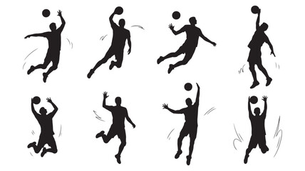 Fototapeta premium Basketball player silhouettes in dynamic jump poses, depicting various actions like shooting, dunking, and blocking during a competitive game