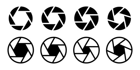 Set of diverse camera aperture icons displaying various f-stop settings, representing photography, lens adjustment, and light control for image capture
