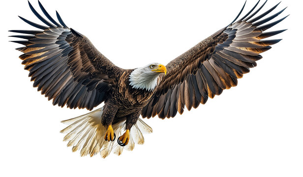 A majestic bald eagle soaring in the sky with wings spread wide and sharp talons extended isolated on transparent background