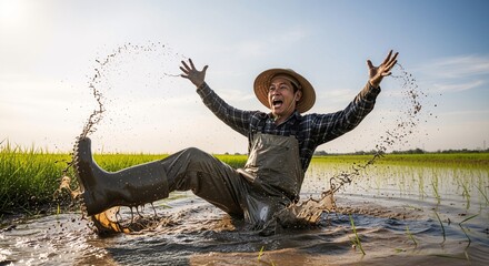 Agrarian Euphoria: Muddy Farmer Celebrating Harvest In Rice Field