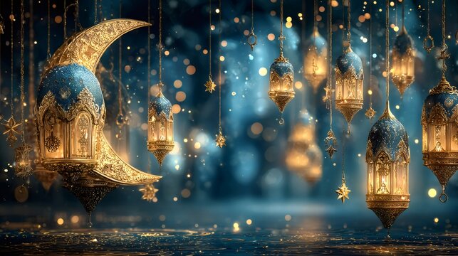Ornate crescent moon and lanterns illuminating islamic celebration - Powered by Adobe