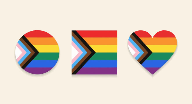 Three inclusive pride flags in circular, square, and heart shapes, featuring the Philadelphia and Transgender stripes.