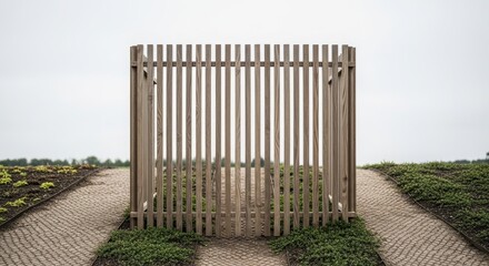 Wooden fence structure standing on two converging paved paths with green vegetation. Concept of choice, decision, and crossroads.
