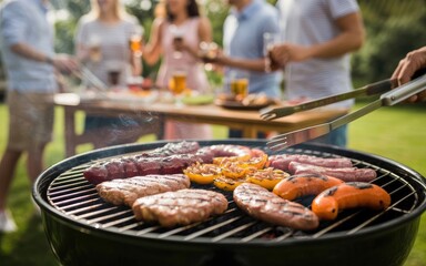 Summer barbecue party with friends enjoying burgers and sausages fresh off the grill in a sunny backyard setting, perfect for outdoor entertaining