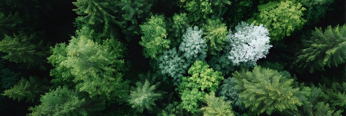 Lush green forest with a few trees that are white