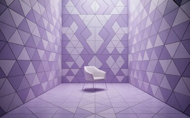 Modern white chair in a stunning lavender geometric room provides a creative backdrop perfect for product displays or contemporary design projects
