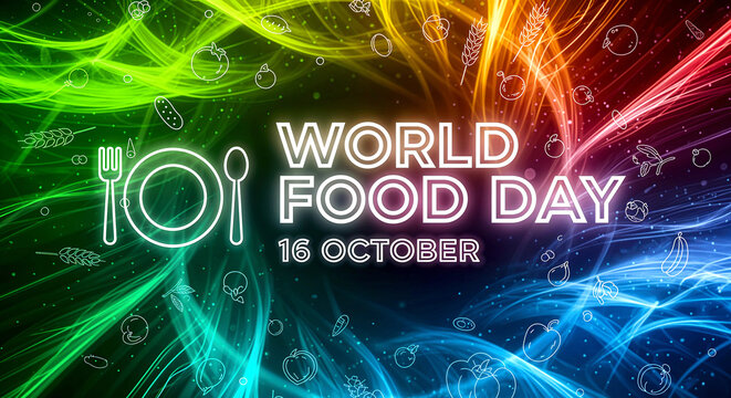 World Food Day – 16 October: A Colorful Celebration Featuring Fruits, Vegetables, Neon Utensils, and Swirling Background Promoting Global Food Awareness