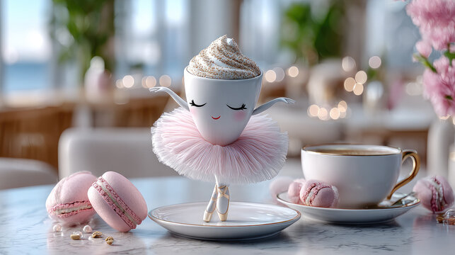 Italian brainrot meme character: ballerina with cappuccino cup instead of a head dancing on a cafe table, funny cute coffee-themed surreal art, pastel colors, whimsical chaotic energy, copy space