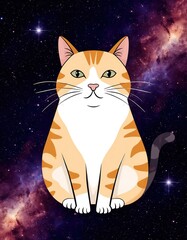 Cute magical cat on a cosmic background. Colorful card, poster