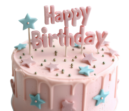 This design features a pink Happy Birthday topper with stars, perfect for adding a special touch to any birthday cake. The transparent background makes it easy to use for various themes