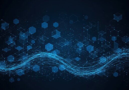 Abstract blue digital wave and bokeh lights flowing through dark futuristic network