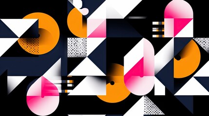 A dynamic abstract composition featuring geometric shapes like circles, triangles, and rounded rectangles, rendered in bold colors of orange, pink, and dark blu