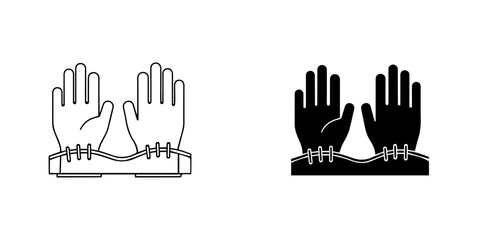 Fototapeta premium Outline and glyph style icons depicting two hands emerging from a surface with ties or stitches