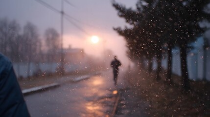 A lone runner navigates a wet foggy street during a misty sunset with falling precipitation