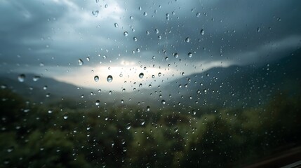 Raindrops on a window with a view of misty mountains under a dramatic cloudy sky