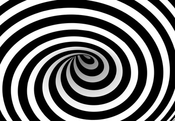 Naklejka premium Spiral black and white optical background. Tunnel pattern with strong vortex effect. Concentric curved lines form dynamic hypnotic motion. Abstract vector illustration.