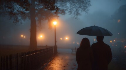 Couple walking under an umbrella on a foggy night in a park with streetlights