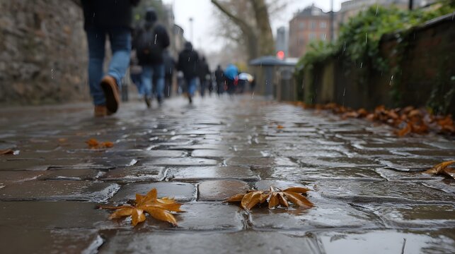 Wet cobblestone path with fallen autumn leaves and blurred figures walking in the rain on an overcast day