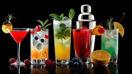 Colorful cocktails and shaker on dark background for beverage advertising