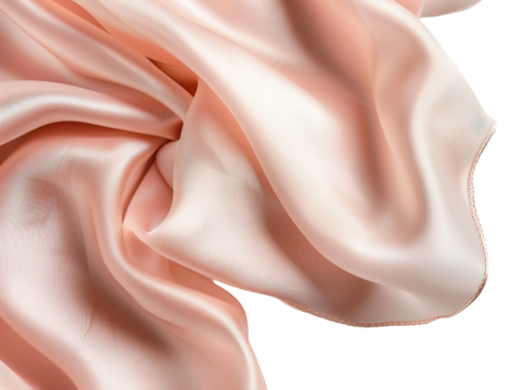 Soft pink silk fabric is elegantly arranged with a smooth texture, showcasing its natural drape against a transparent background. Perfect for fashion or interior design projects