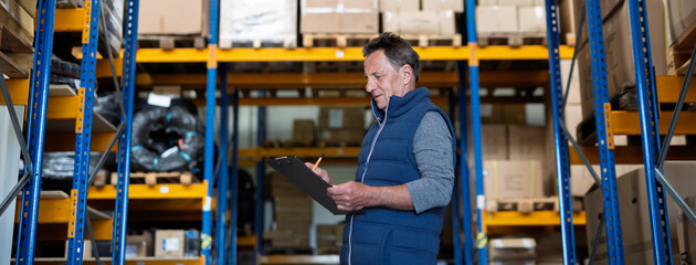 Older warehouse worker working looking at document in clipboard.