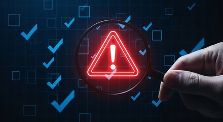 Magnifying glass focusing on a red warning sign with checkmarks in the background, symbolizing risk assessment and security vulnerability detection