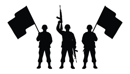 Silhouette of soldiers with flags and guns military concept