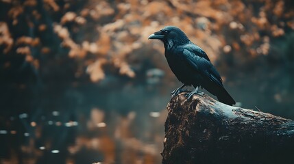 Obraz premium A black crow perched on a rock in a forest, looking to the left.