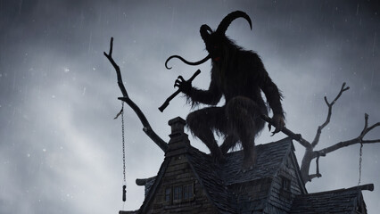 Krampus monster standing on a snowy cobblestone street at night, people gathering with torches during a winter Christmas festival, representing ancient alpine folklore and traditions