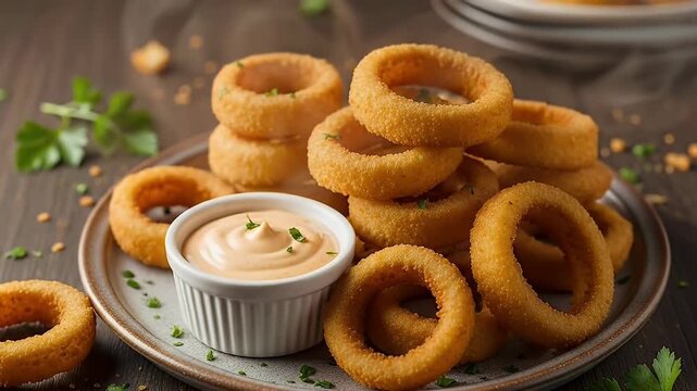 A tempting close-up shot captures a generous serving of crispy, golden-brown onion rings, perfectly fried to a delicious crunch. Each ring showcases its textured breading and inviting, rich color, pil