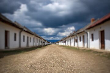 Fototapeta premium Soft blurred view of Ukrainian village with traditional huts and folk warmspirit.
