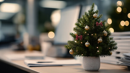 Mini decorated Christmas tree on dimly lit office desk with scattered papers, pens, notebooks, warm fairy lights, subtle festive glow contrasting cold corporate workspace, evoking quiet holiday atmosp
