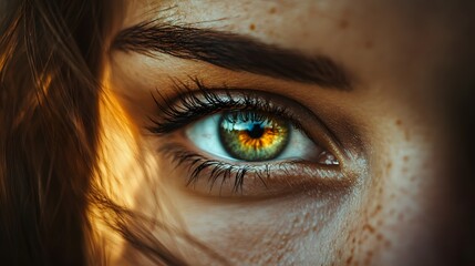 A close-up of a woman's green eye with freckles and long eyelashes.