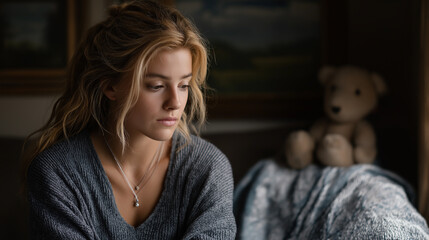 Emotional domestic scene of young woman experiencing postnatal depression, sitting alone near crib or sofa, hands clasped, soft natural light highlighting exhaustion, sadness, and anxiety in muted hom