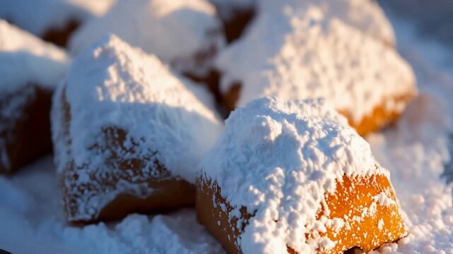 Close Up of Delicious Beignets Dusted with Powdered Sugar in Warm Sunlight.