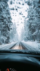 Car windshield view of snowy road in winter forest.