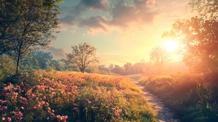 Obraz premium A dirt path leads through a field of wildflowers towards a distant sun setting behind a stand of trees.