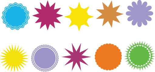A diverse set of colorful flat graphic starbursts, sunbursts, and sticker labels for sale and promotional design